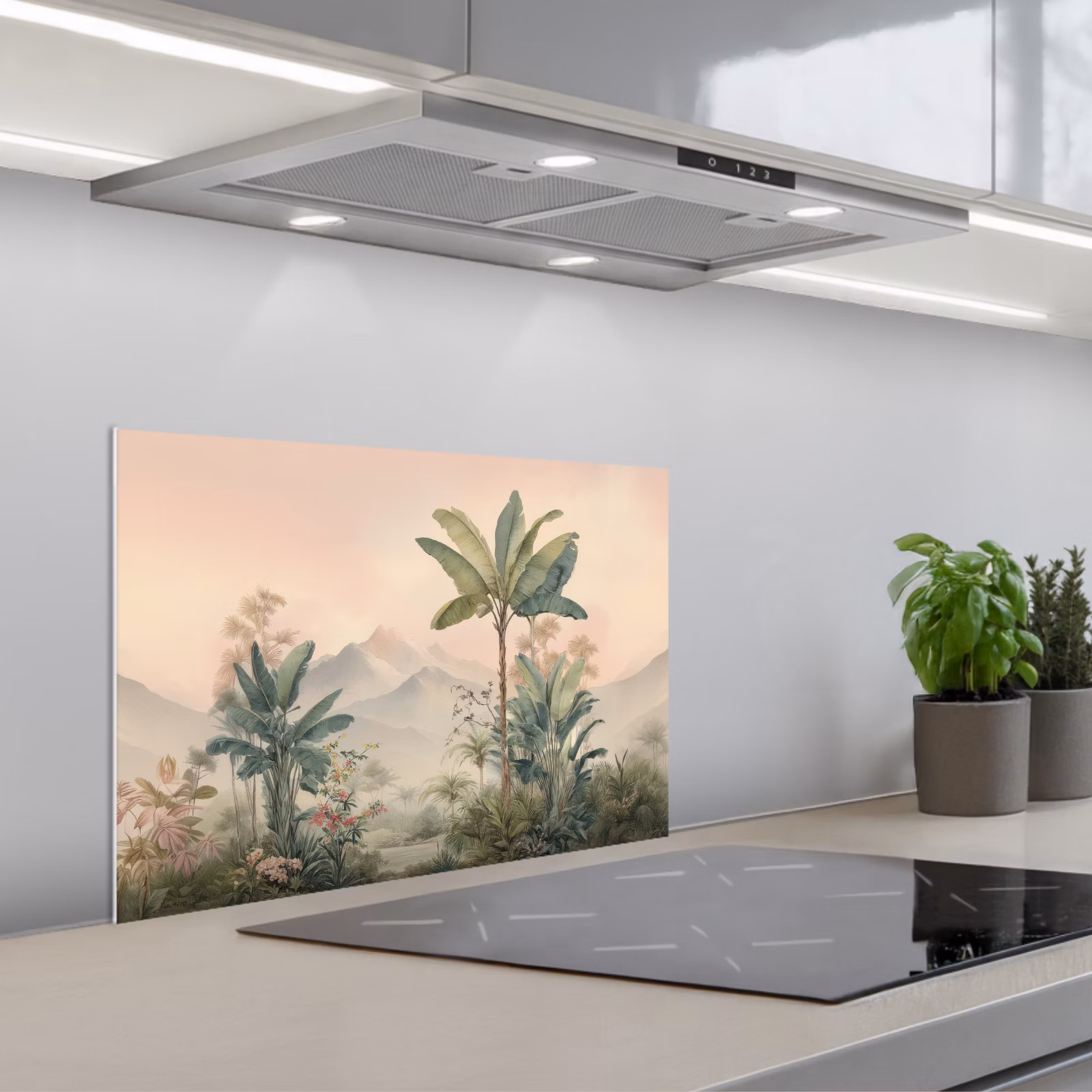 Salpicaderos de cocina - Paisaje tropical - palmeras - Flores - Cielo rosa — 1
