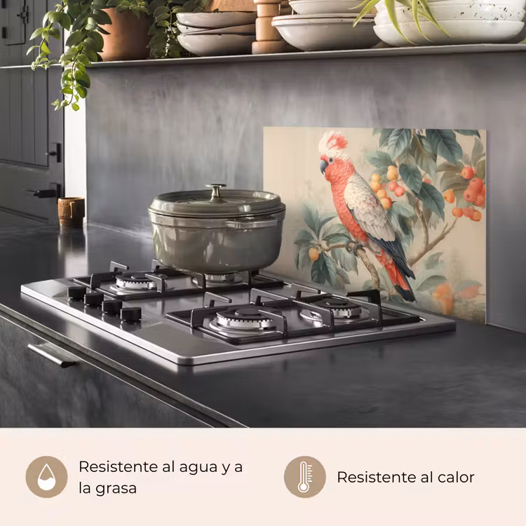 Salpicaderos de cocina - Cacatúa crestada rosa - Rama con frutos - Hojas — 2
