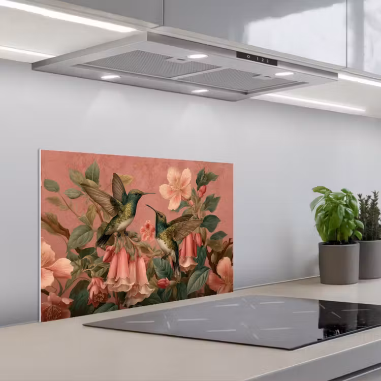 Salpicaderos de cocina - Colibríes - Flores - Verde - Rosa — 1