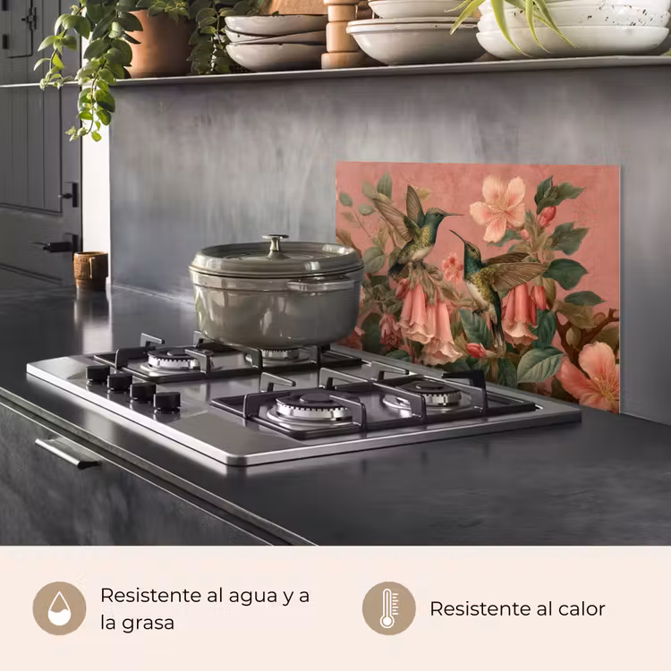 Salpicaderos de cocina - Colibríes - Flores - Verde - Rosa — 2