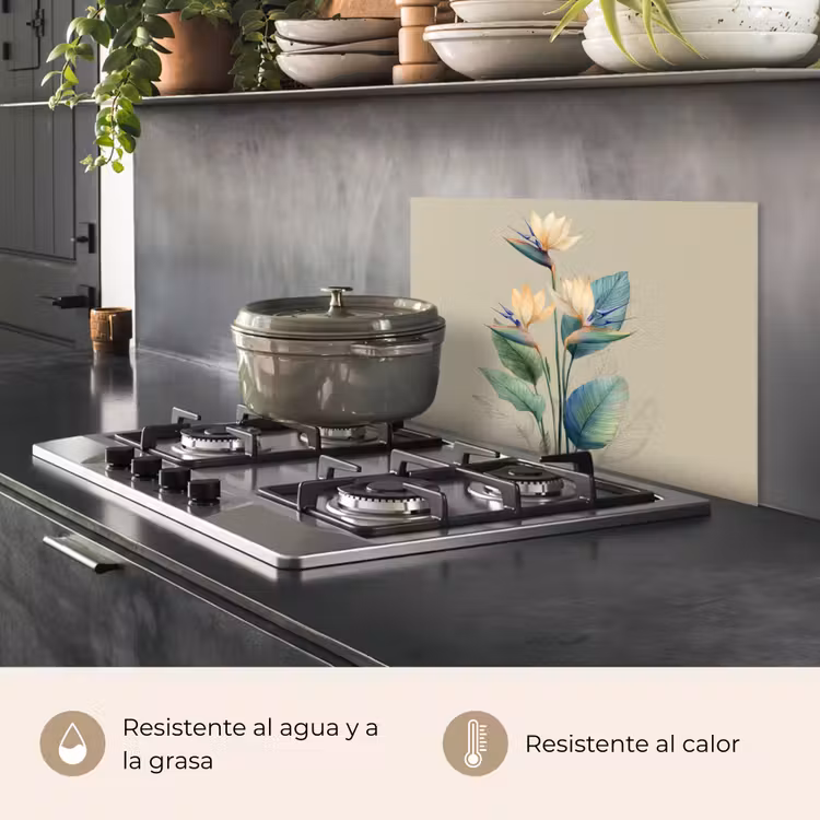 Salpicaderos de cocina - Flores de ave del paraíso - Hojas verde-azuladas - Beige — 2