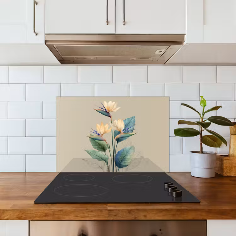 Salpicaderos de cocina - Flores de ave del paraíso - Hojas verde-azuladas - Beige — 3