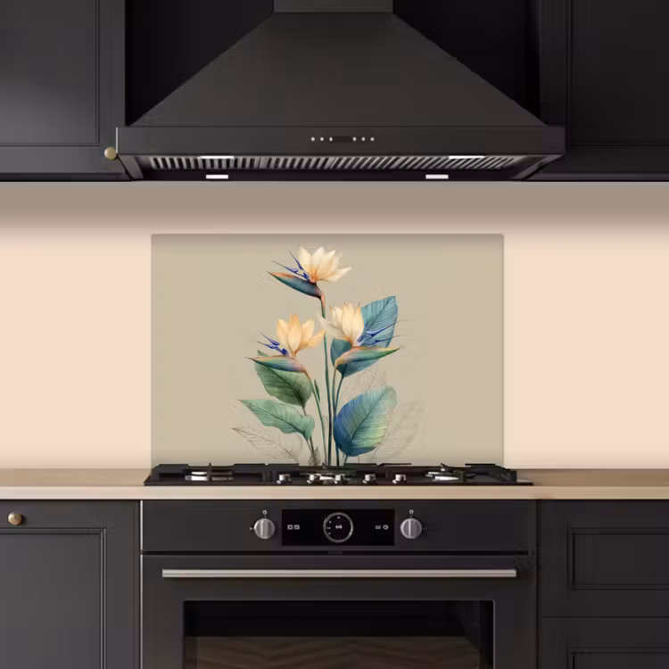 Salpicaderos de cocina - Flores de ave del paraíso - Hojas verde-azuladas - Beige — 5