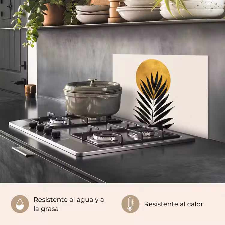 Salpicaderos de cocina - Hoja de palmera negra - Círculo dorado - Fondo beige — 2