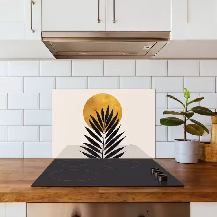 Salpicaderos de cocina - Hoja de palmera negra - Círculo dorado - Fondo beige — 3