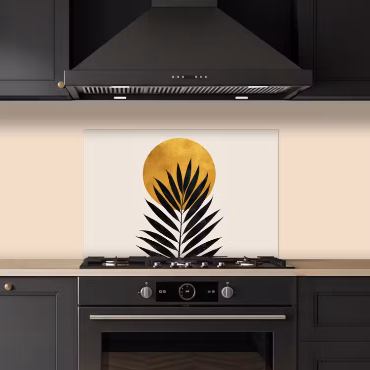 Salpicaderos de cocina - Hoja de palmera negra - Círculo dorado - Fondo beige — 5