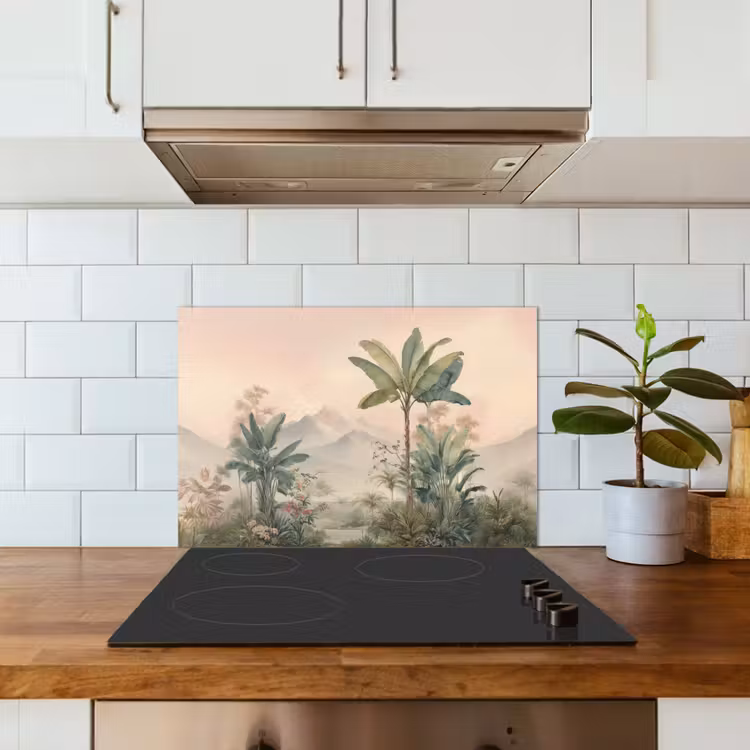 Salpicaderos de cocina - Paisaje tropical - palmeras - Flores - Cielo rosa — 3