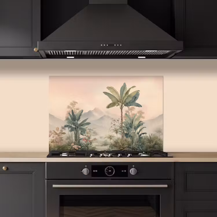 Salpicaderos de cocina - Paisaje tropical - palmeras - Flores - Cielo rosa — 5