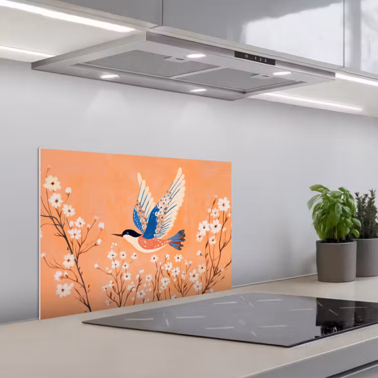 Salpicaderos de cocina - Pájaro - Ramas en flor - Cálido - Colorido — 1