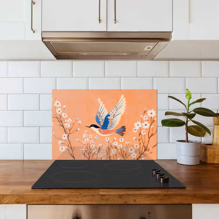 Salpicaderos de cocina - Pájaro - Ramas en flor - Cálido - Colorido — 3