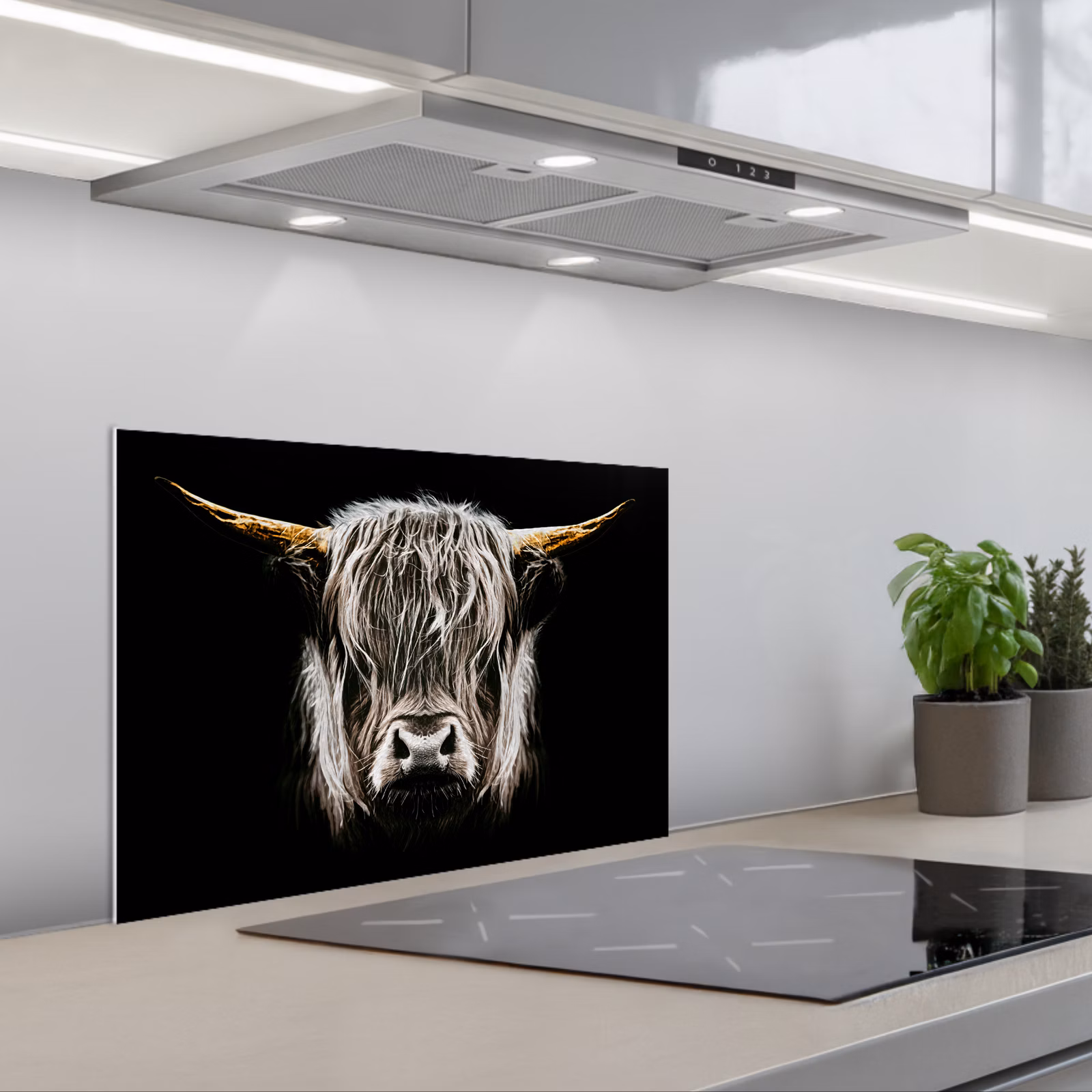 Salpicaderos de cocina - Highlander escocés - Oro - Cuernos - Blanco y negro - Vaca - Animales — 1