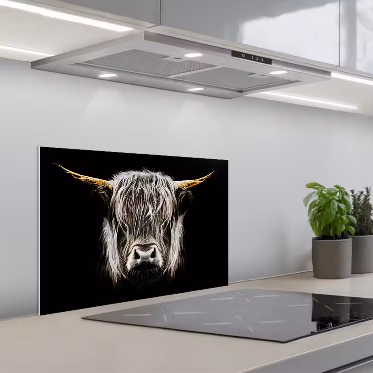 Salpicaderos de cocina - Highlander escocés - Oro - Cuernos - Blanco y negro - Vaca - Animales — 1