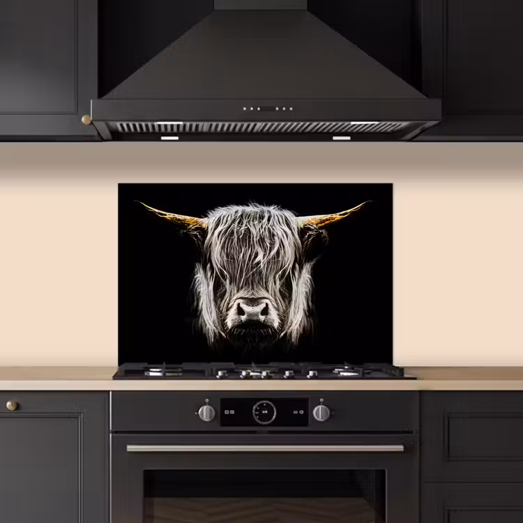 Salpicaderos de cocina - Highlander escocés - Oro - Cuernos - Blanco y negro - Vaca - Animales — 5