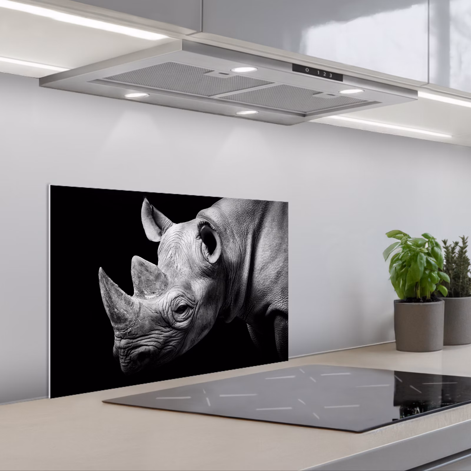 Salpicaderos de cocina - Animales - Rinoceronte - Negro - Blanco - Retrato — 1