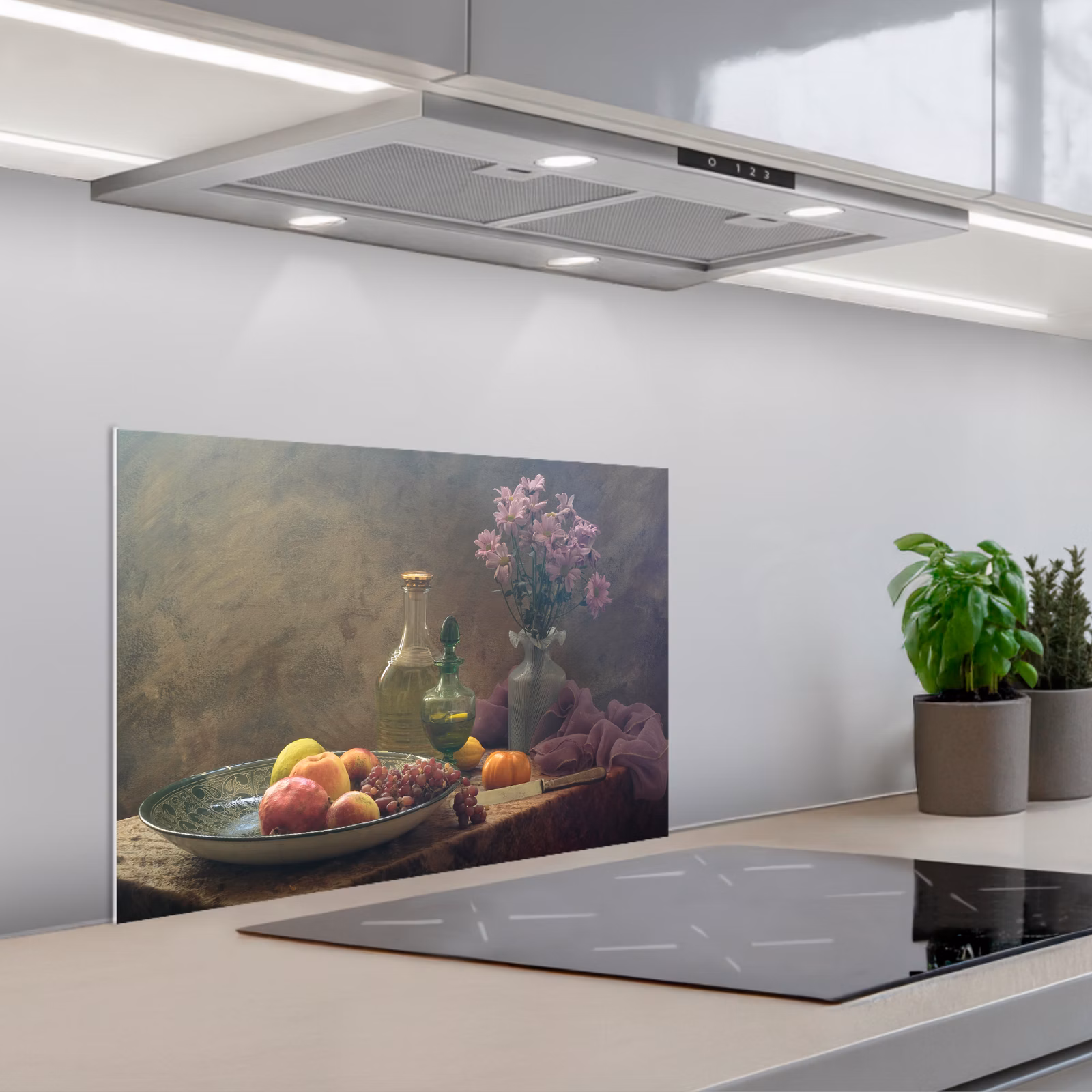 Salpicaderos de cocina - Bodegón - Artístico - Pintura - Flores - Púrpura - Fruta - Iluminación — 1