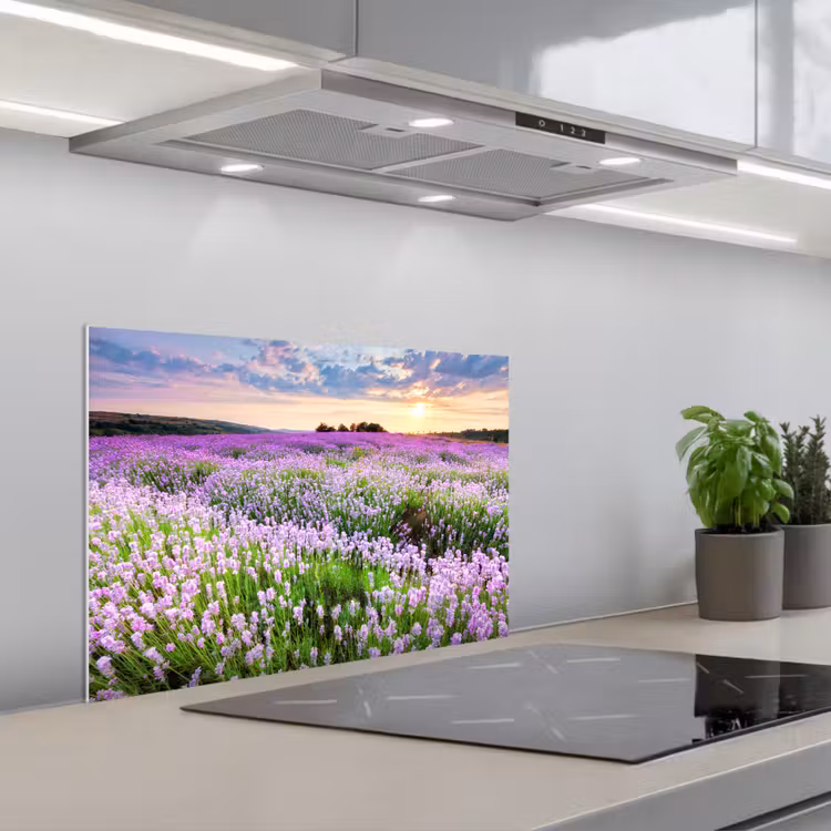 Salpicaderos de cocina - Flores - Lavanda - Púrpura - Cielo - Puesta de sol - Pradera - Naturaleza — 1