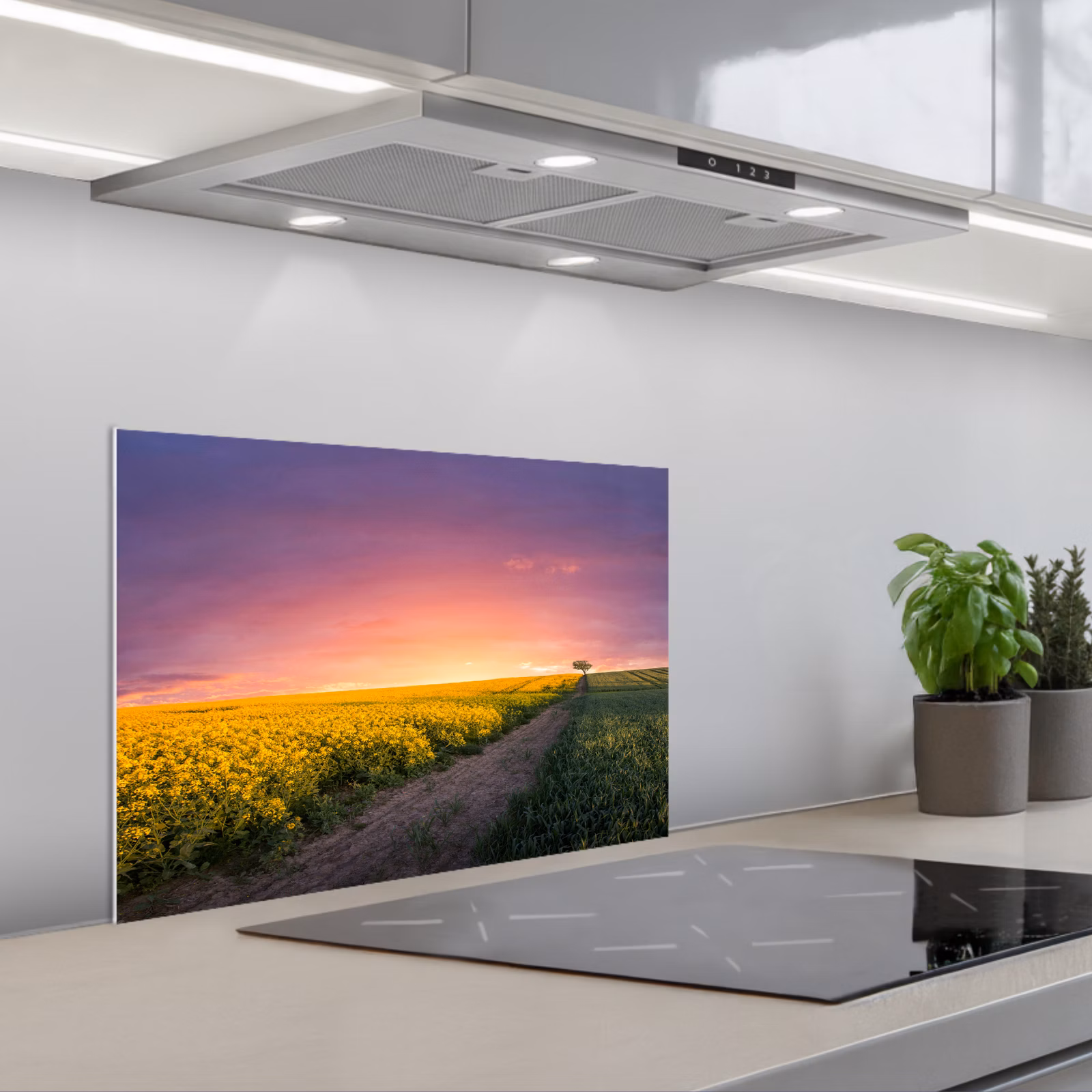 Salpicaderos de cocina - Flores - Carretera - Cielo - Amarillo - Púrpura - Puesta de sol - Naturaleza — 1