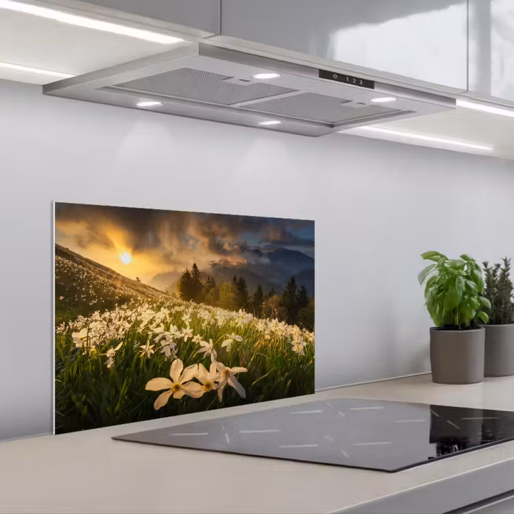 Salpicaderos de cocina - Campo de flores - Colinas - Puesta de sol - Montaña - Naturaleza - Blanco - Colinas — 1
