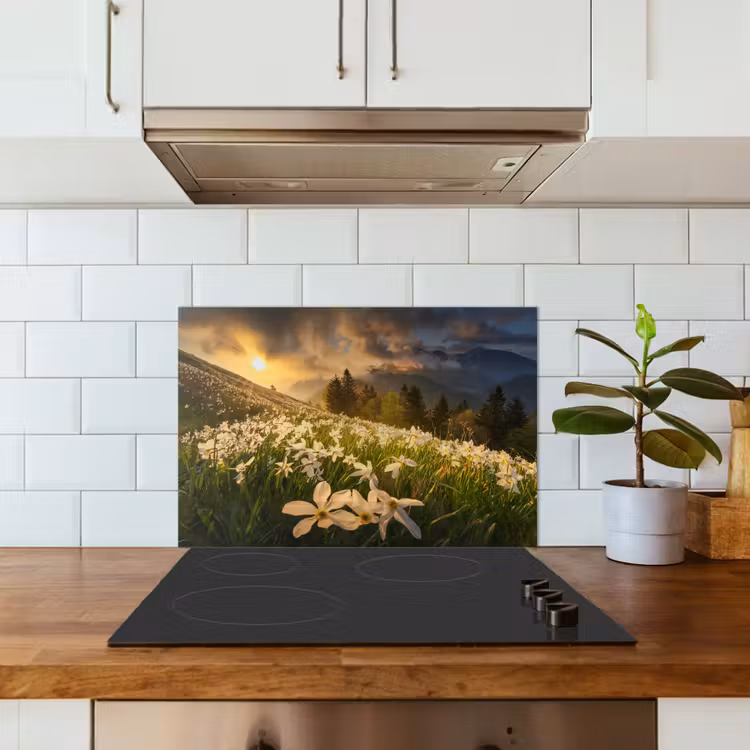Salpicaderos de cocina - Campo de flores - Colinas - Puesta de sol - Montaña - Naturaleza - Blanco - Colinas — 3
