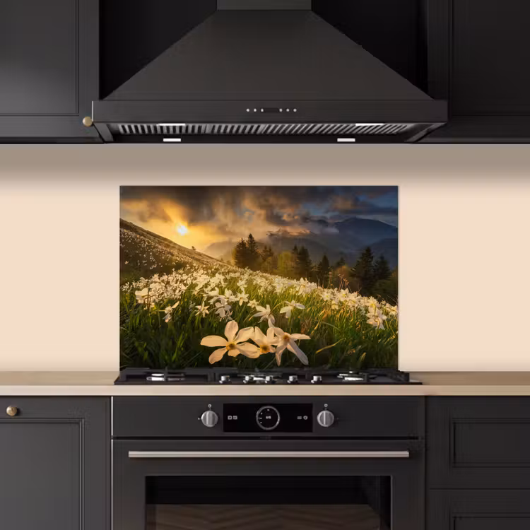 Salpicaderos de cocina - Campo de flores - Colinas - Puesta de sol - Montaña - Naturaleza - Blanco - Colinas — 5