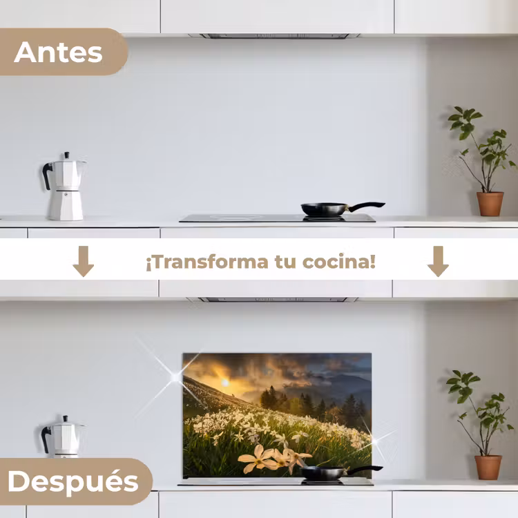 Salpicaderos de cocina - Campo de flores - Colinas - Puesta de sol - Montaña - Naturaleza - Blanco - Colinas — 7
