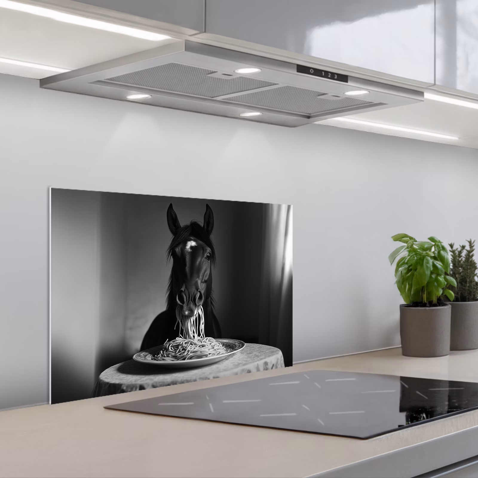 Salpicaderos de cocina - Caballo - Plato - Pasta - Mantel - Blanco y negro - Animales — 1