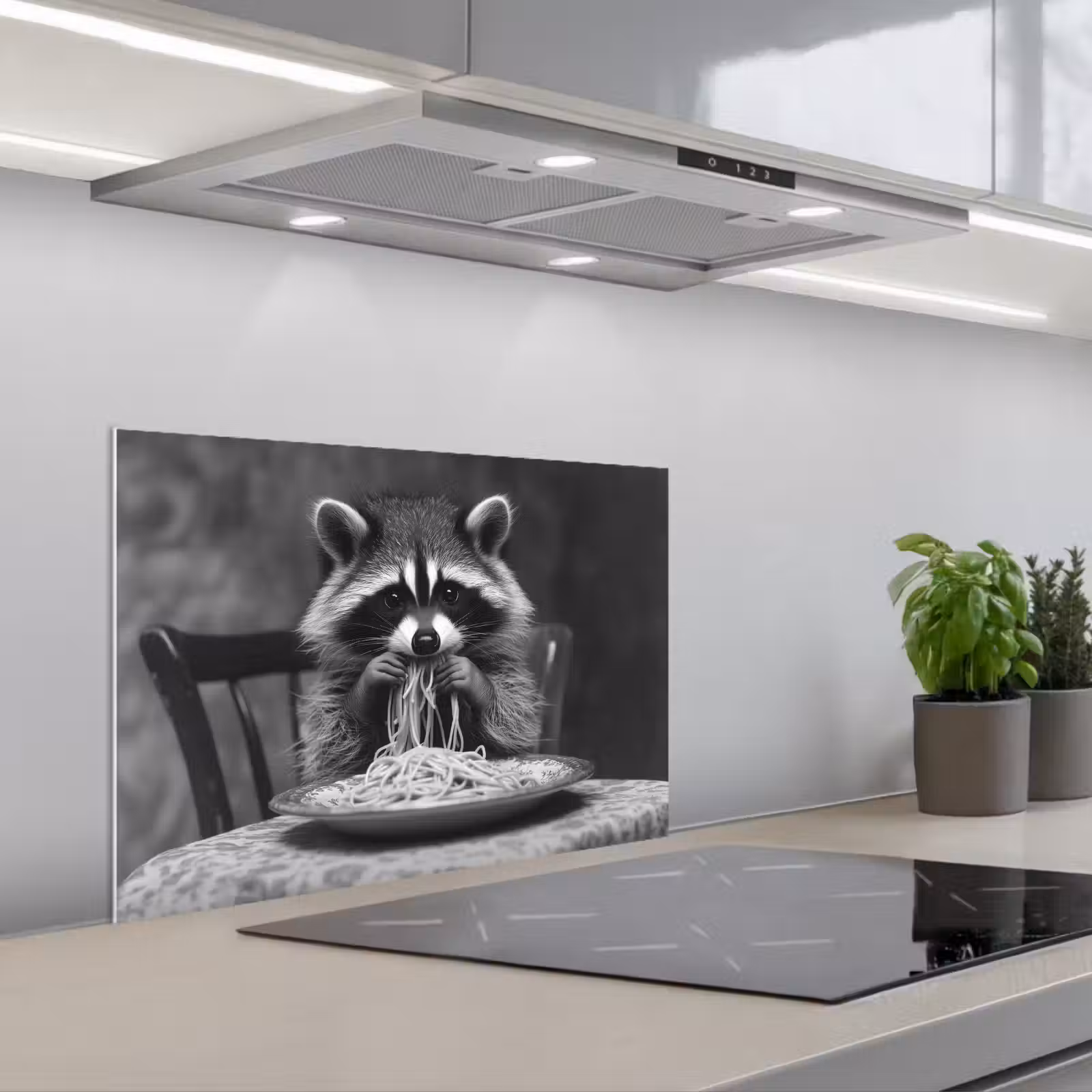 Salpicaderos de cocina - Mapache - Lindo - Pasta - Mantel - Negro - Blanco — 1