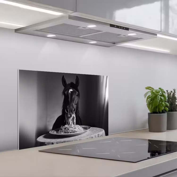 Salpicaderos de cocina - Caballo - Plato - Pasta - Mantel - Blanco y negro - Animales — 1