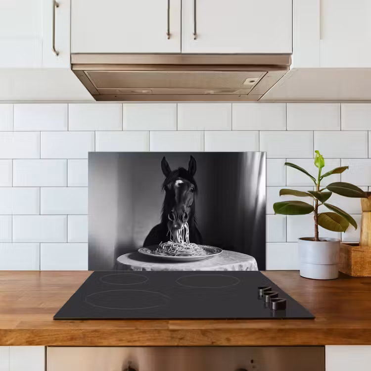 Salpicaderos de cocina - Caballo - Plato - Pasta - Mantel - Blanco y negro - Animales — 3