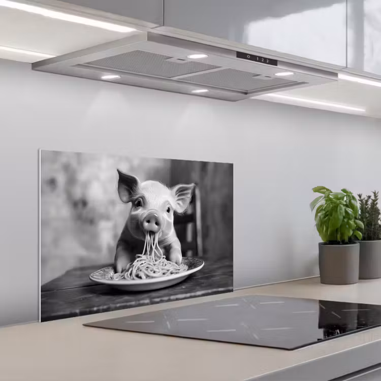 Salpicaderos de cocina - Cerdo - Lindo - Espagueti - Blanco y negro - Animal — 1
