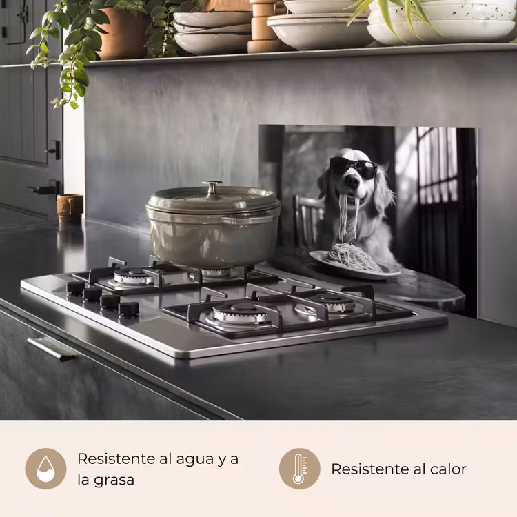 Salpicaderos de cocina - Golden Retriever - Perro - Alegre - Plato espaguetis - Negro - blanco — 2