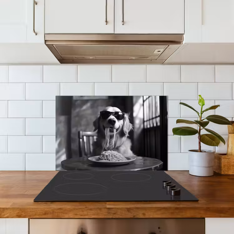 Salpicaderos de cocina - Golden Retriever - Perro - Alegre - Plato espaguetis - Negro - blanco — 3