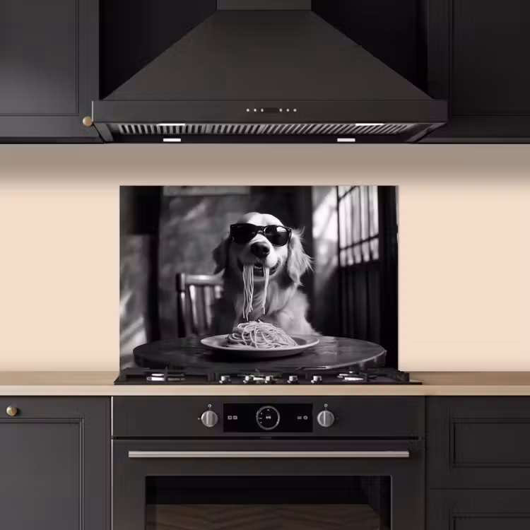 Salpicaderos de cocina - Golden Retriever - Perro - Alegre - Plato espaguetis - Negro - blanco — 5
