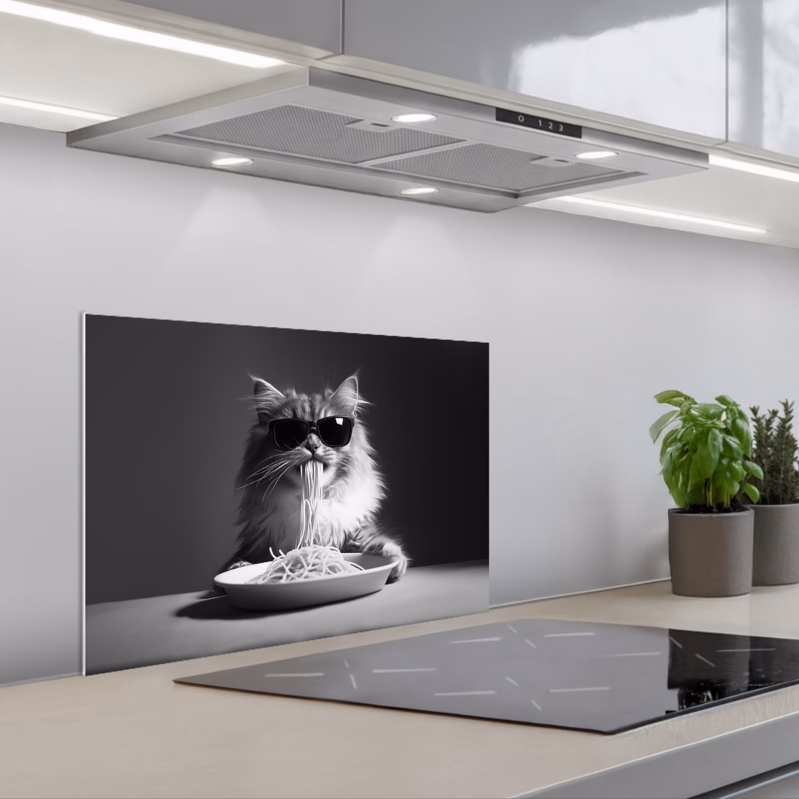 Salpicaderos de cocina - Gato de pelo largo - Gafas de sol - Espagueti - Humor - Negro - blanco — 1