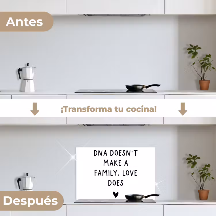 Salpicaderos de cocina - Cita en inglés "DNA doesn't make a family, love does" con un corazón sobre fondo blanco — 7