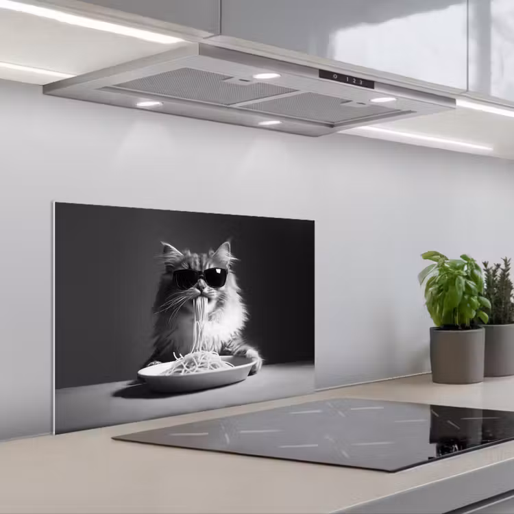 Salpicaderos de cocina - Gato de pelo largo - Gafas de sol - Espagueti - Humor - Negro - blanco — 1