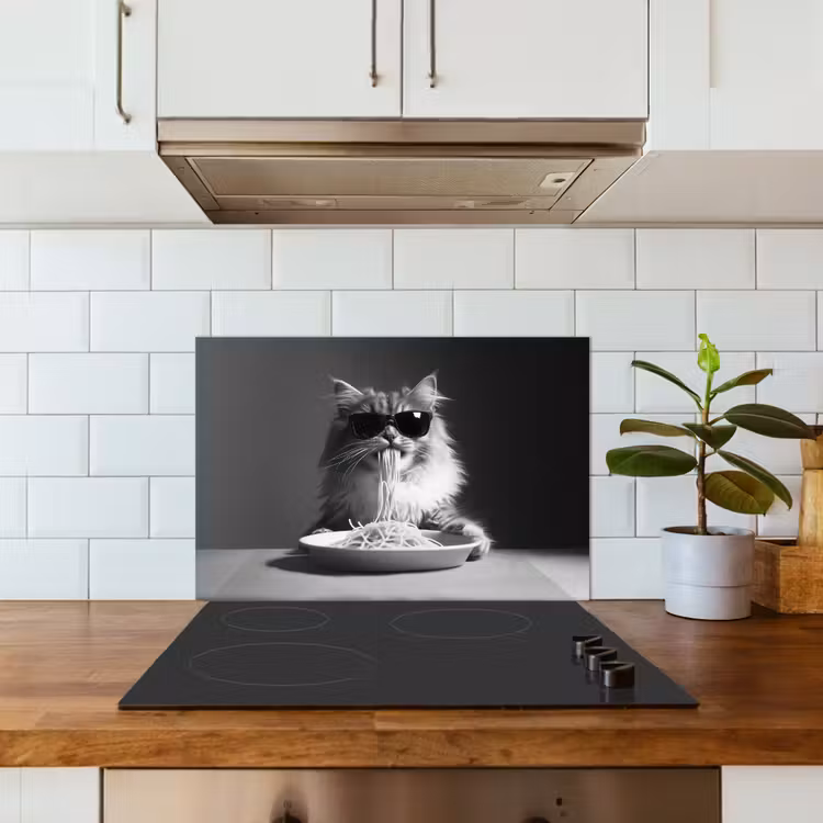 Salpicaderos de cocina - Gato de pelo largo - Gafas de sol - Espagueti - Humor - Negro - blanco — 3