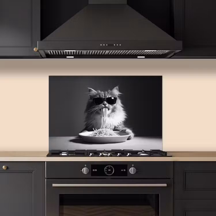Salpicaderos de cocina - Gato de pelo largo - Gafas de sol - Espagueti - Humor - Negro - blanco — 5
