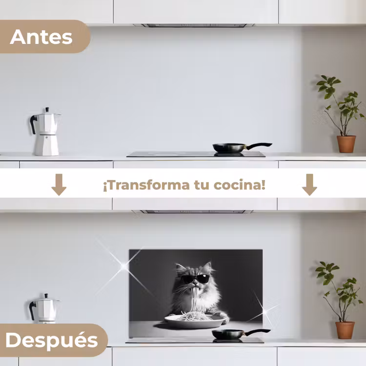 Salpicaderos de cocina - Gato de pelo largo - Gafas de sol - Espagueti - Humor - Negro - blanco — 7