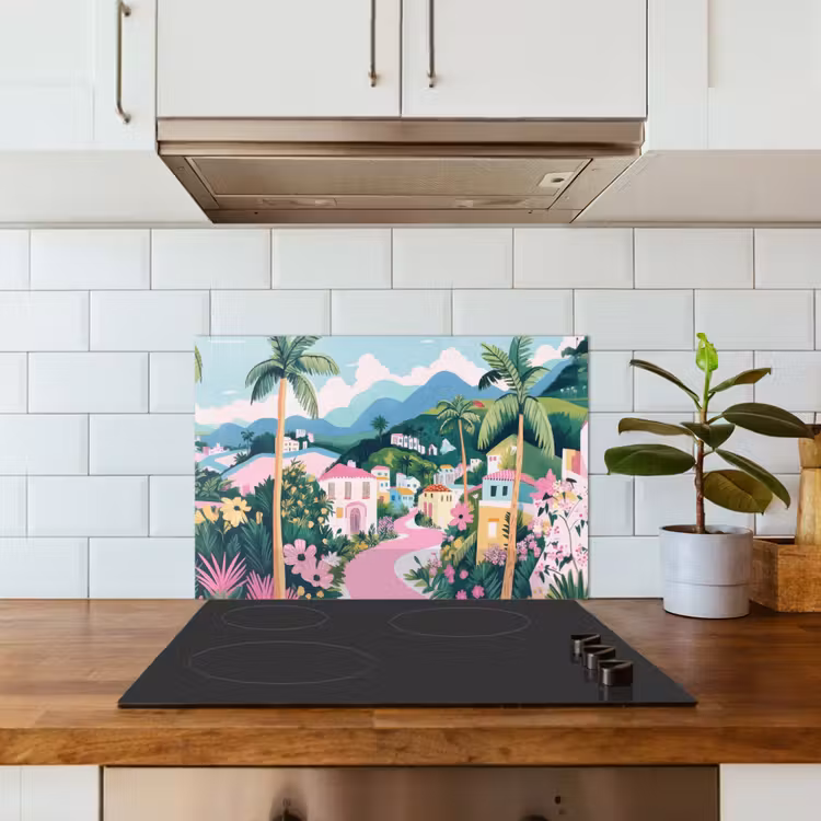 Salpicaderos de cocina - Colorido - Casas - Colinas - Rosa — 3