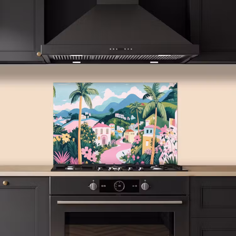 Salpicaderos de cocina - Colorido - Casas - Colinas - Rosa — 5