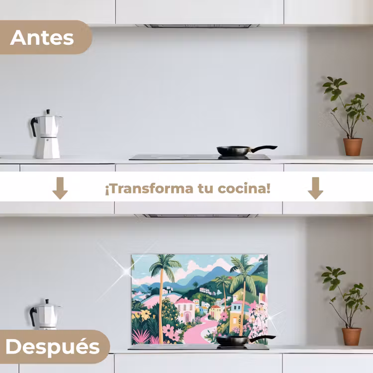Salpicaderos de cocina - Colorido - Casas - Colinas - Rosa — 7