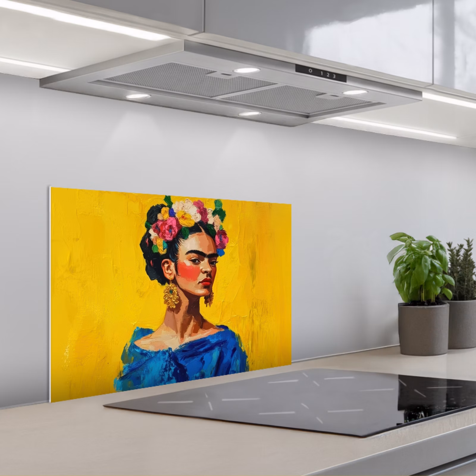 Salpicaderos de cocina - Frida Kahlo - Mujer - Amarillo - Azul - Flores — 1