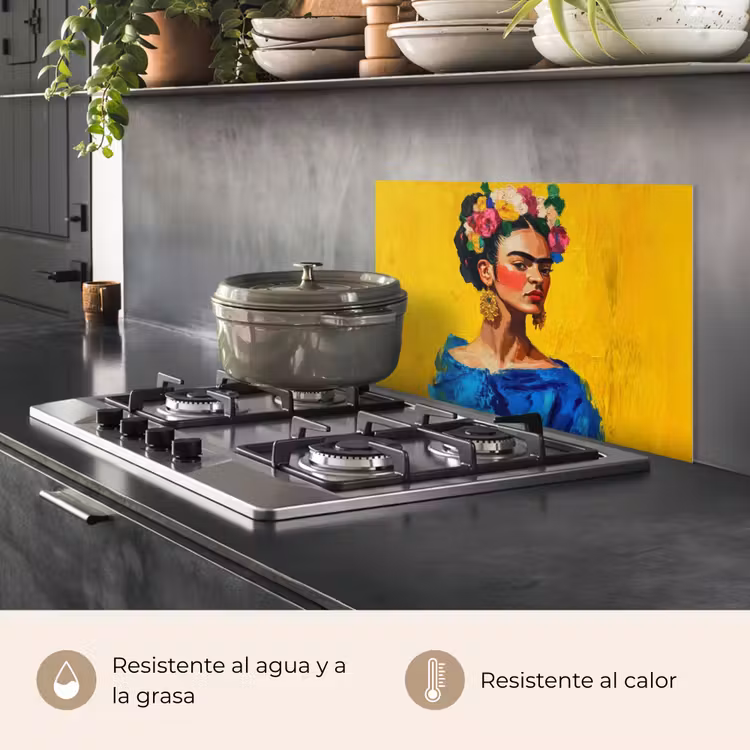 Salpicaderos de cocina - Frida Kahlo - Mujer - Amarillo - Azul - Flores — 2
