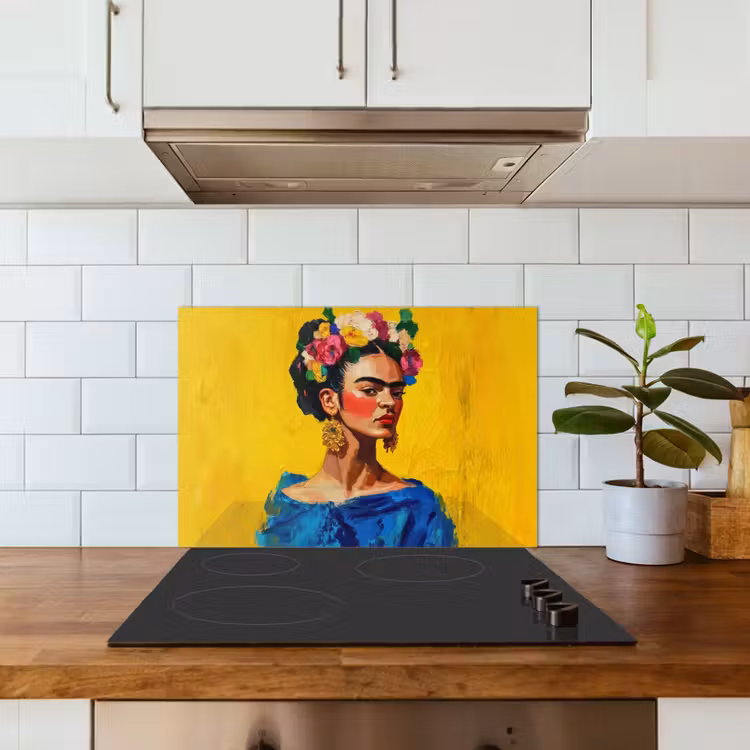 Salpicaderos de cocina - Frida Kahlo - Mujer - Amarillo - Azul - Flores — 3