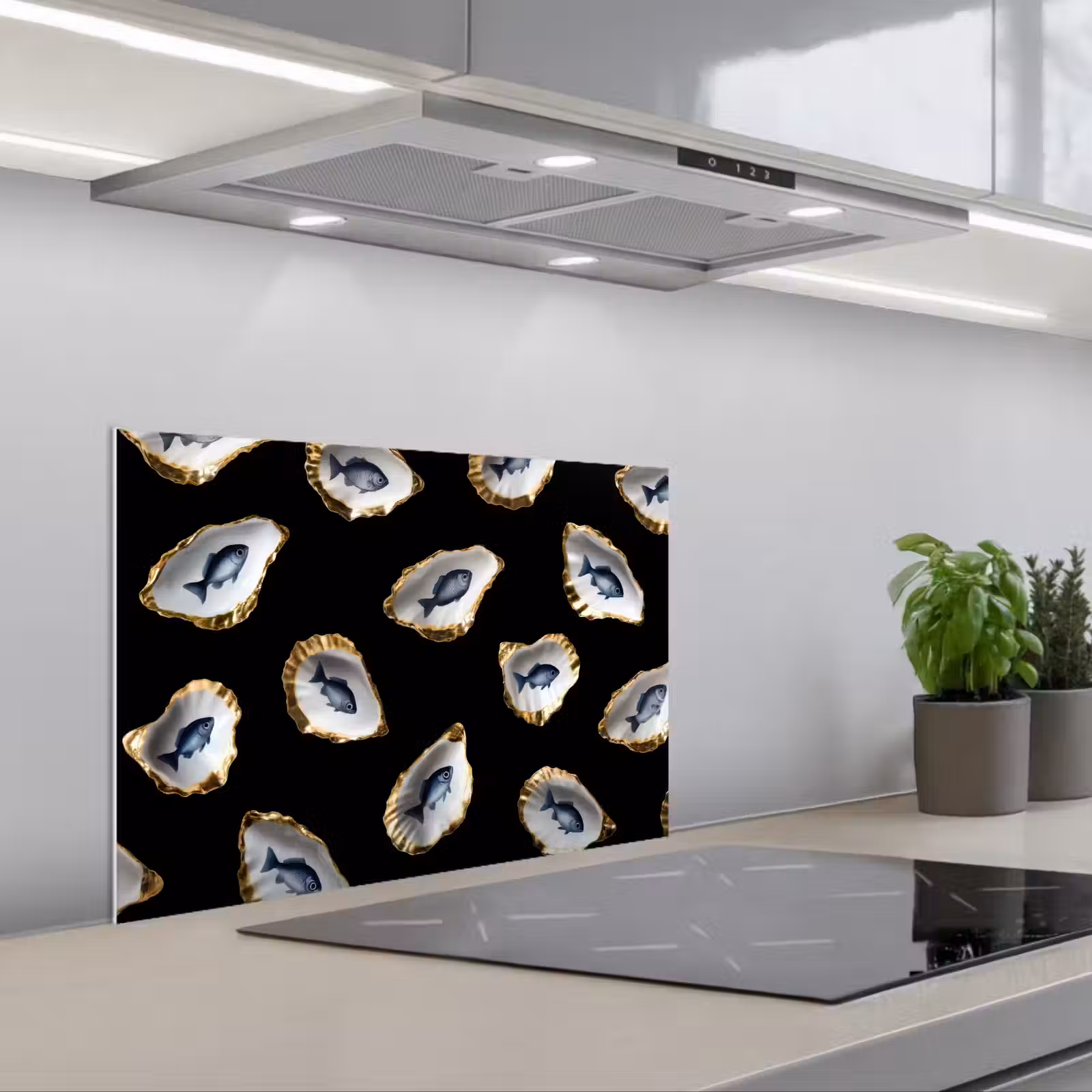 Salpicaderos de cocina - Ostras - Pescado - Azul - Oro — 1