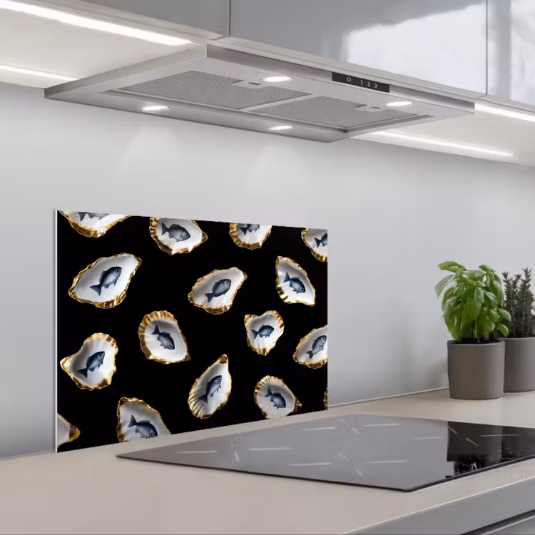 Salpicaderos de cocina - Ostras - Pescado - Azul - Oro — 1