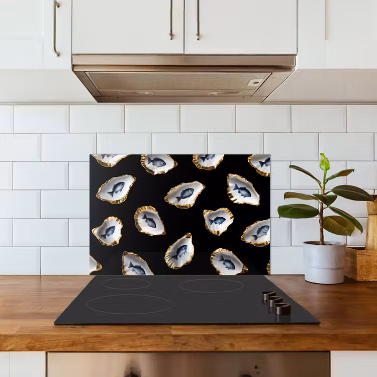 Salpicaderos de cocina - Ostras - Pescado - Azul - Oro — 3