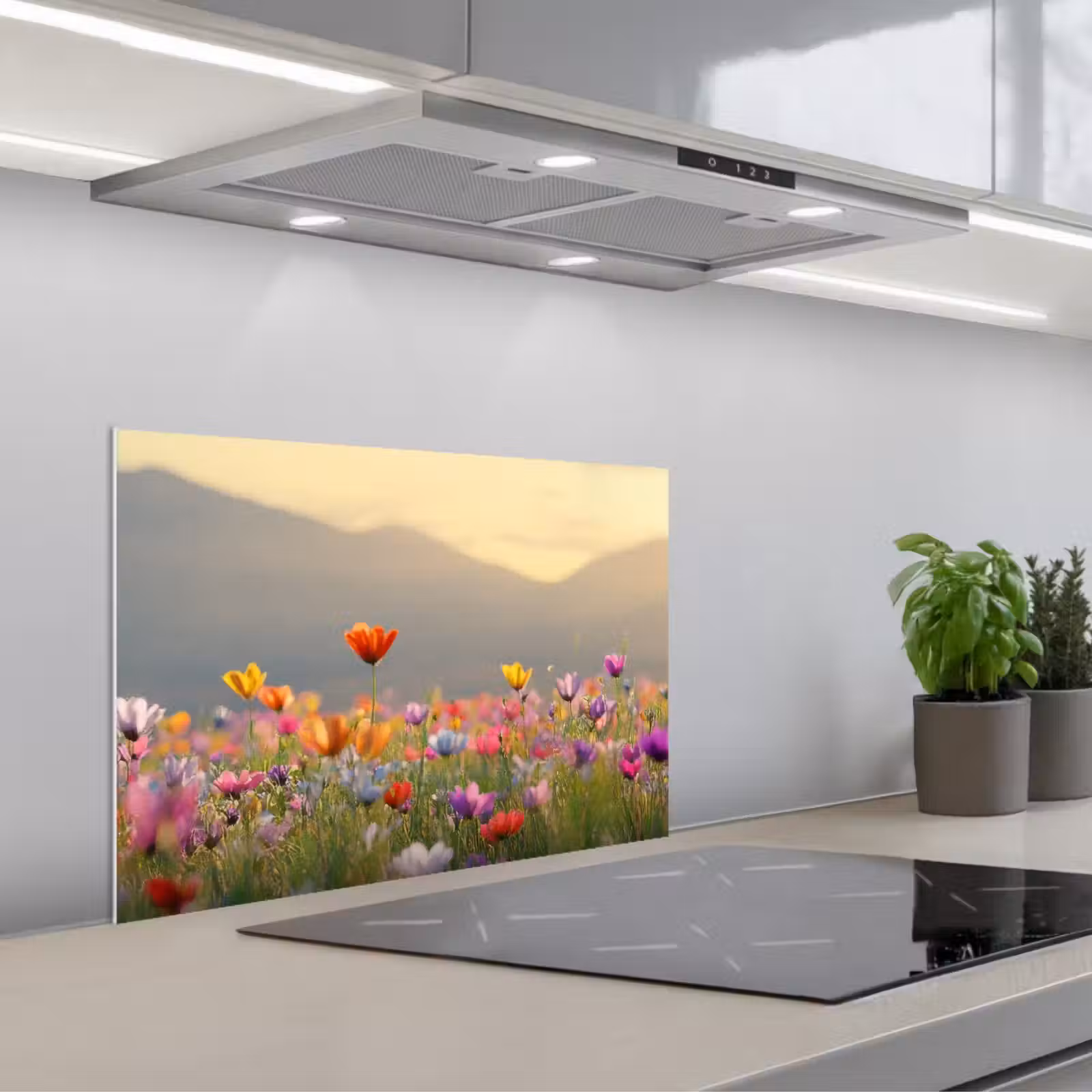 Salpicaderos de cocina - Campo de flores - Montañas - Luz del sol - Flores — 1