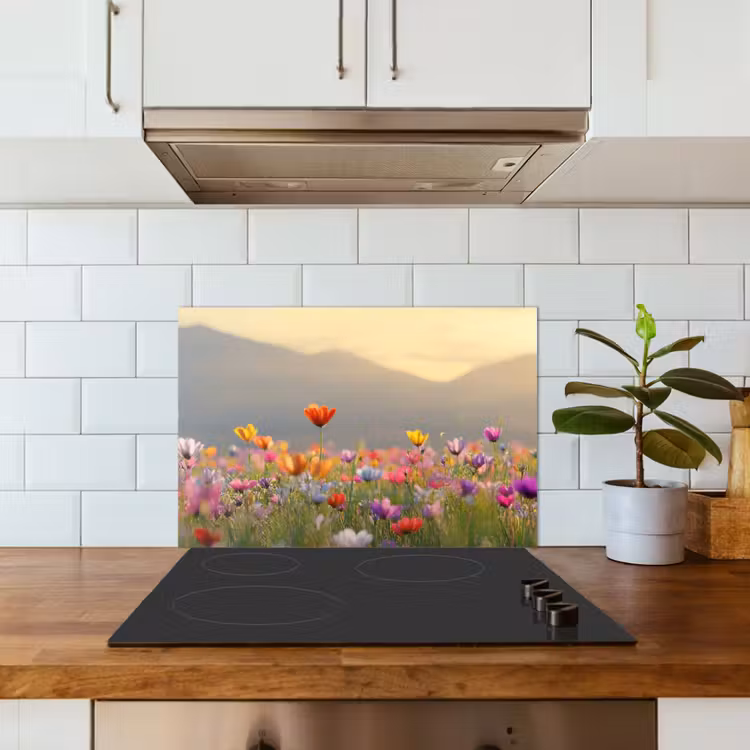 Salpicaderos de cocina - Campo de flores - Montañas - Luz del sol - Flores — 3